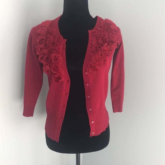 *Free gift. Boston Proper red cardigan features 3D floral pattern. - Picture 2 of 2